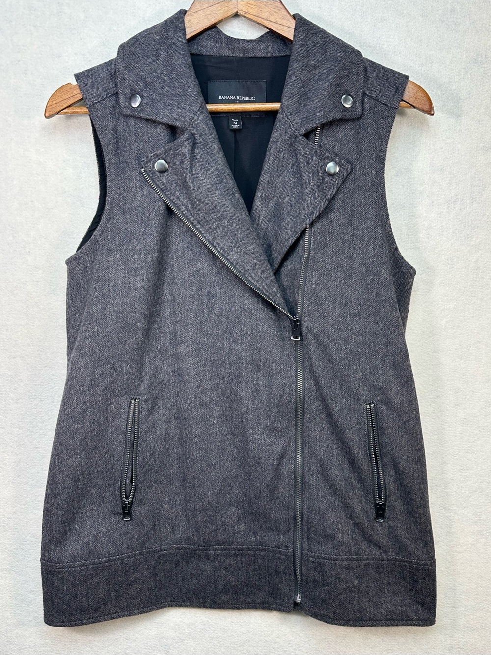 Banana Republic Gray Herringbone Moto Zip Vest Petite Medium